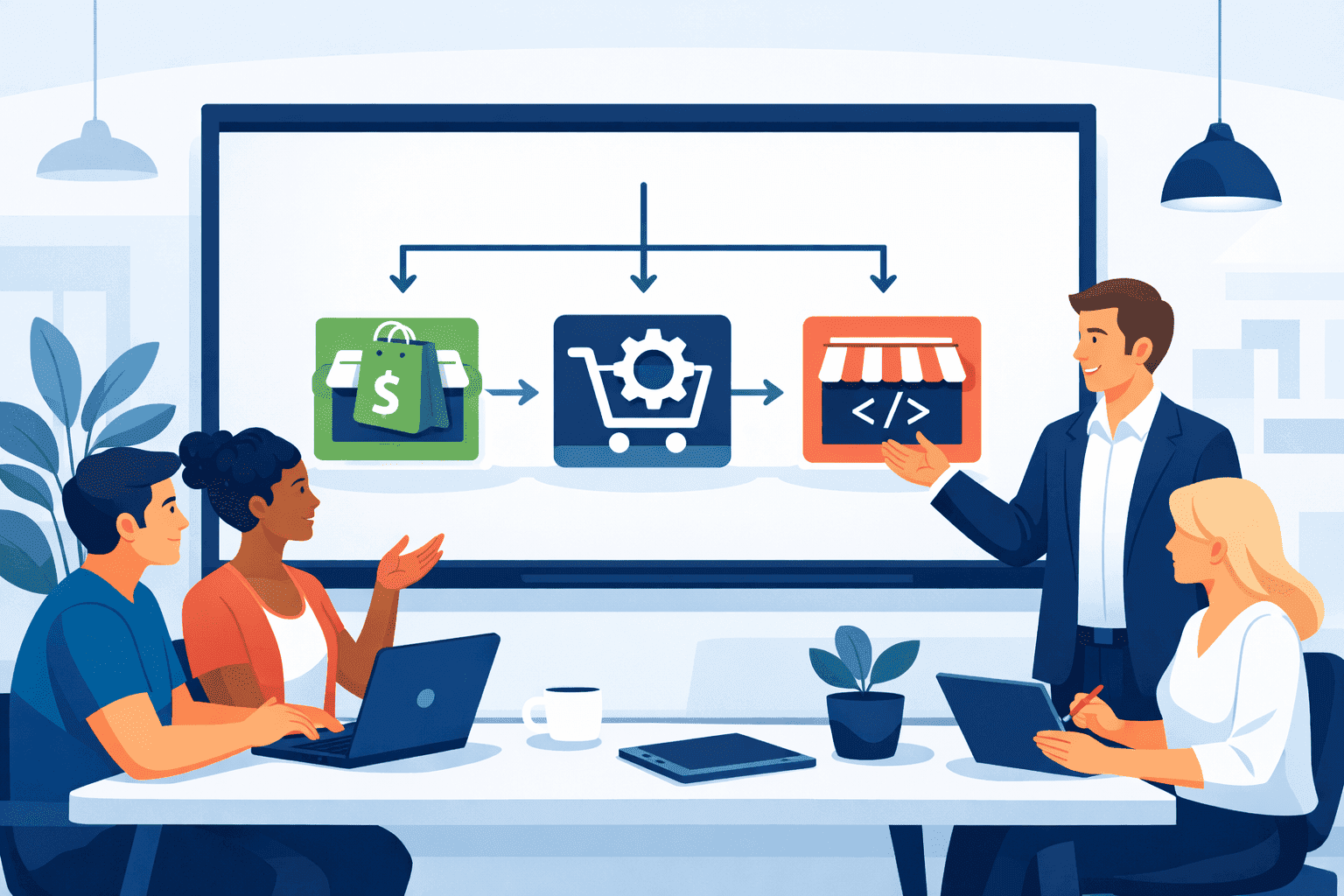 Ecommerce development team in Kuwait comparing Shopify, WooCommerce, and custom platform options on a whiteboard