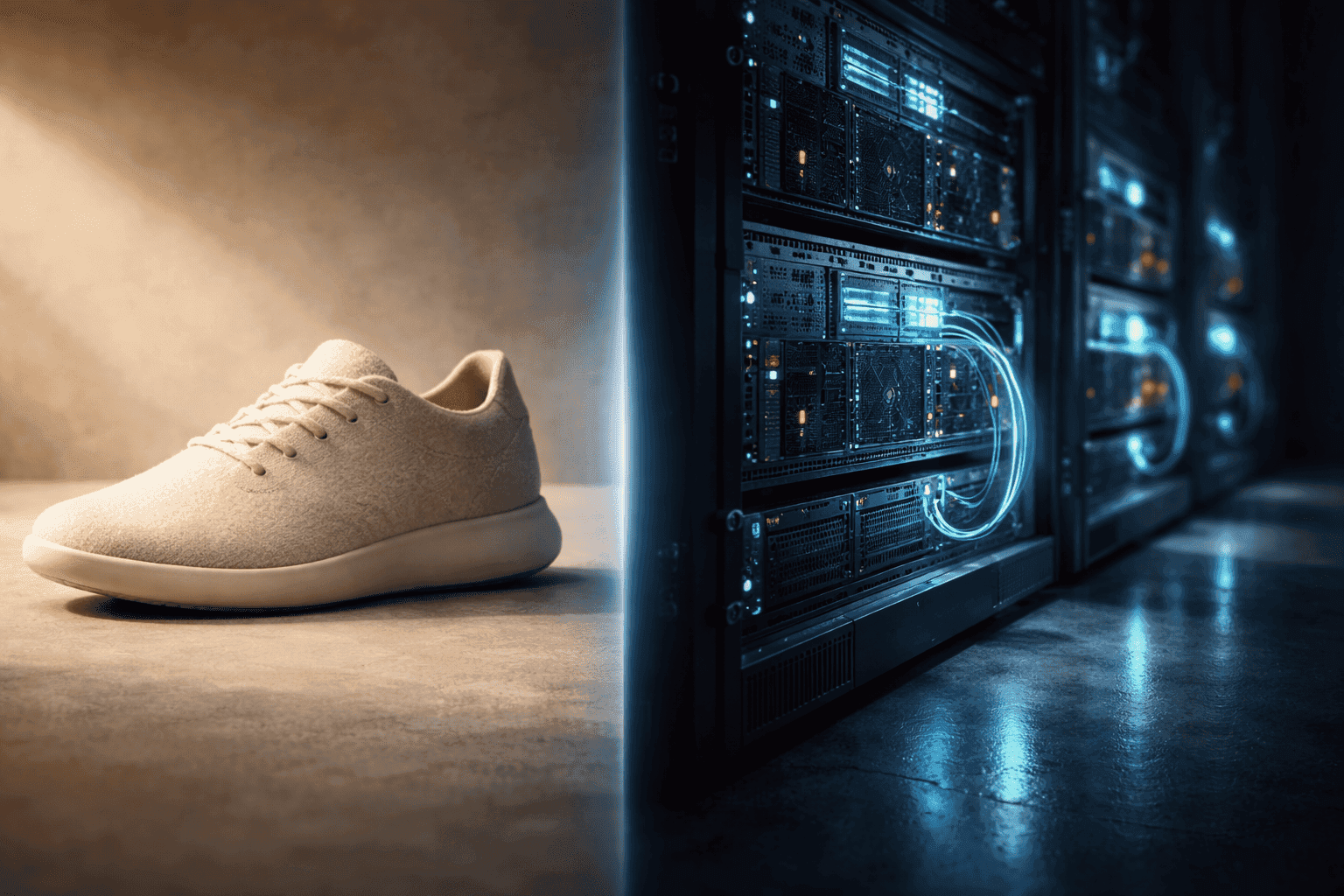Allbirds wool sneaker next to a GPU rack representing the NewBird AI pivot from footwear to AI infrastructure