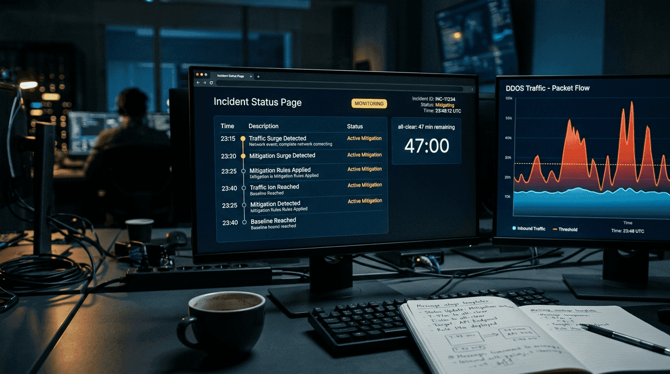 Customer communication dashboard during a DDoS attack showing status page updates and incident timeline