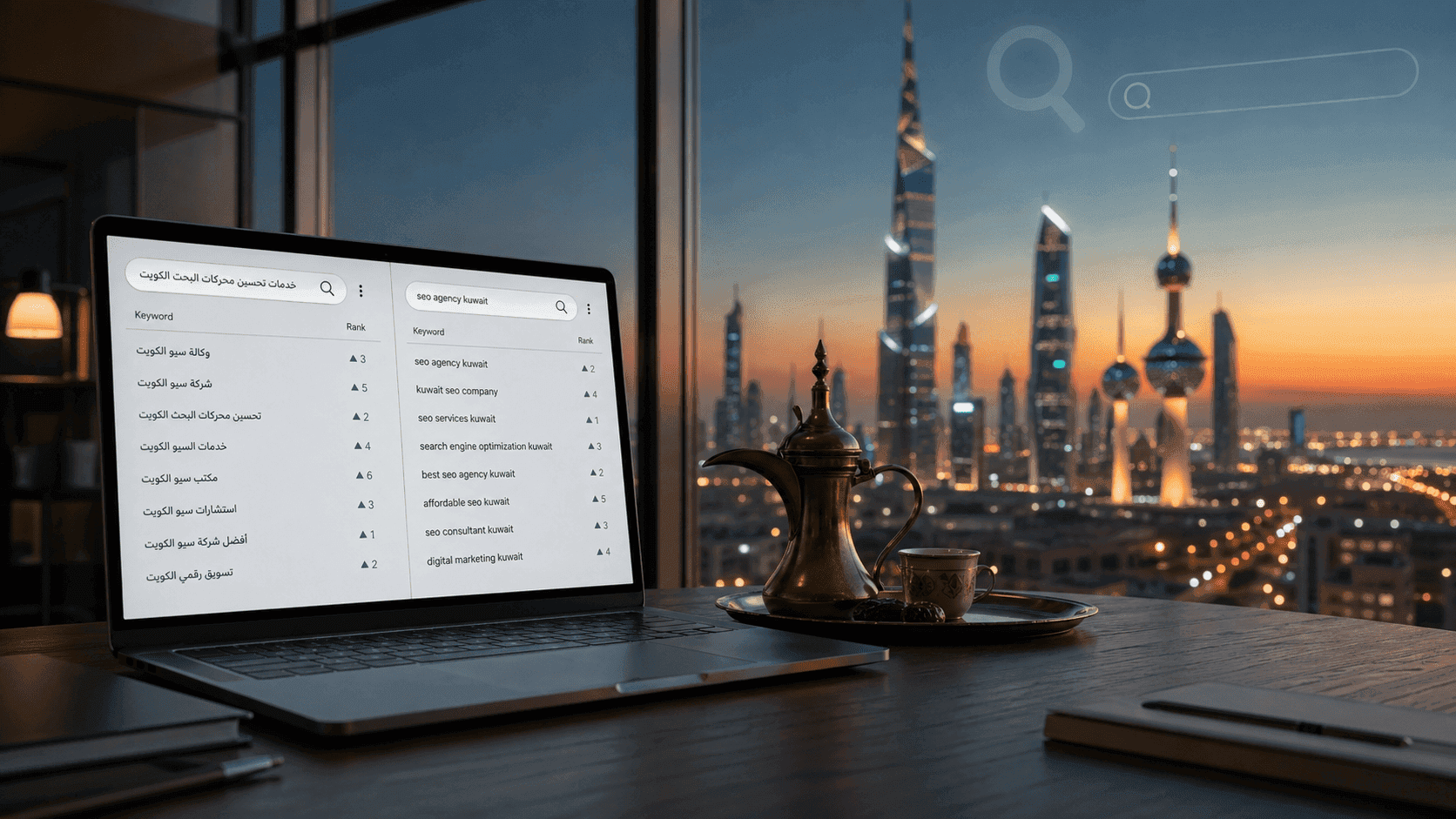 SEO agency Kuwait — search results on a laptop showing Kuwait City skyline with Arabic and English keyword rankings
