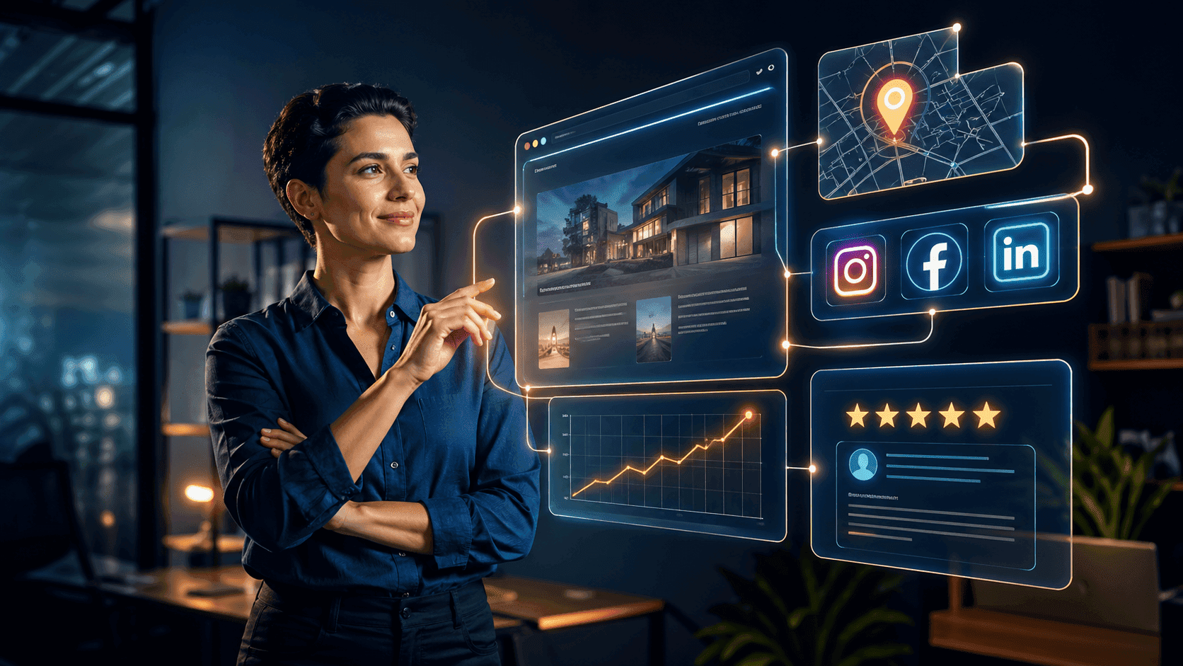 Small business owner reviewing a digital presence dashboard showing website analytics and social media growth