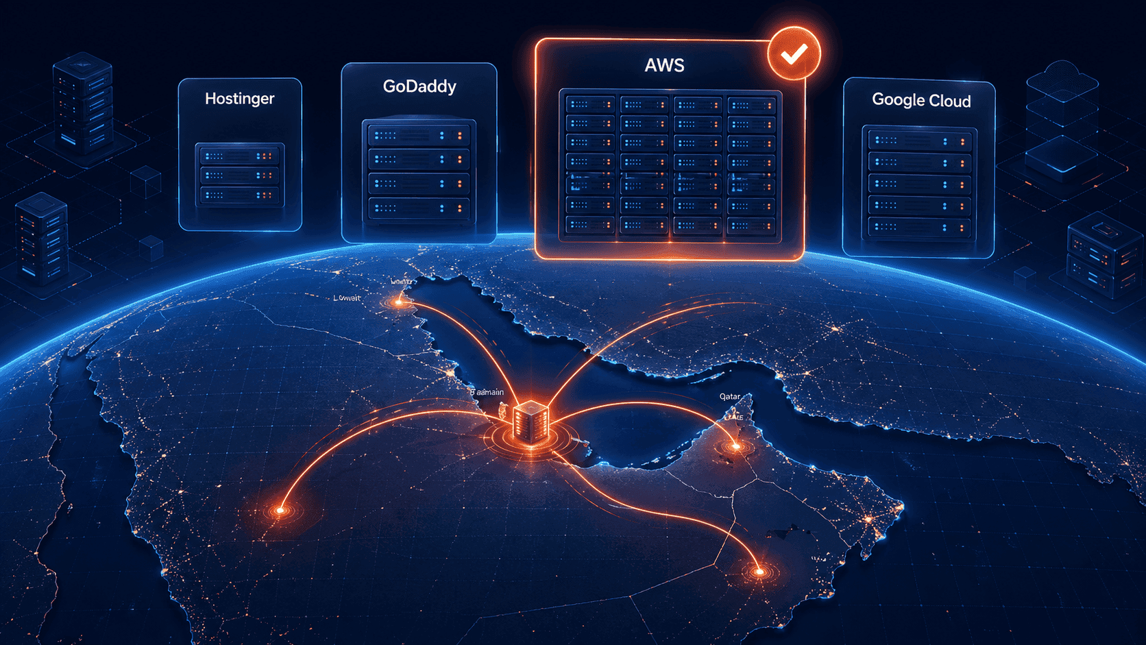 Web hosting comparison for Kuwait and GCC businesses — server racks and cloud platform icons for Hostinger, GoDaddy, AWS, and Google Cloud.
